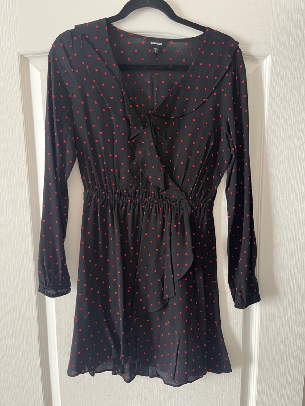 Express Black Dress with Red Dot Wrap Detail